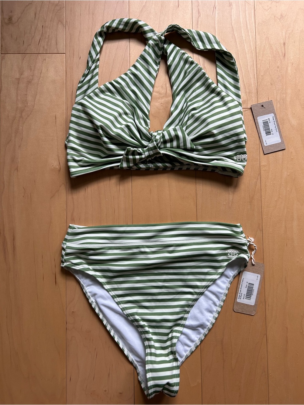 Green and White Striped Halter Tie Bikini Set
